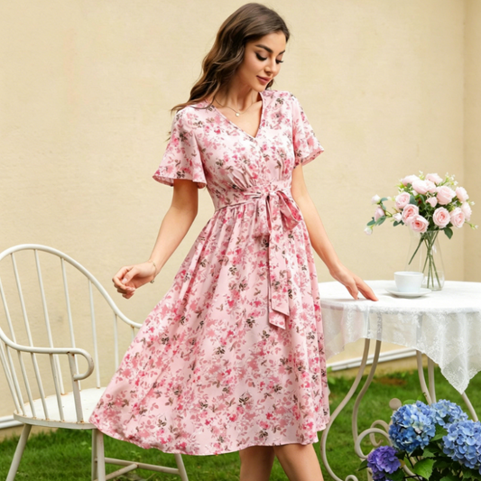 📢📢50% OFF !! ⏰Women’s Floral Print Tie-Waist Ruffle Sleeve Dress