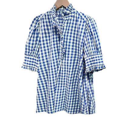 📢📢40% OFF !! ⏰Women's Plaid Ruffle Collar Puff Sleeve Top
