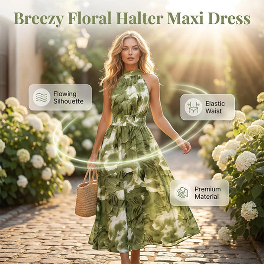 📢📢50% OFF !! ⏰Women's Halter Neck Sleeveless Printed Dress