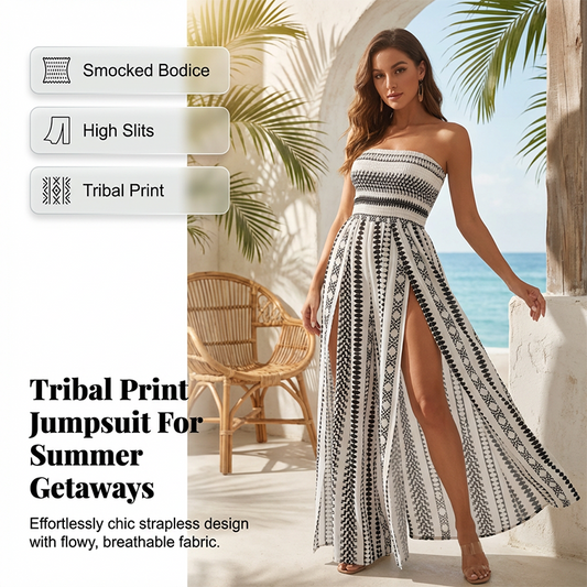 📢📢40% OFF !! ⏰Geometric Print Smocked Bodice Jumpsuit