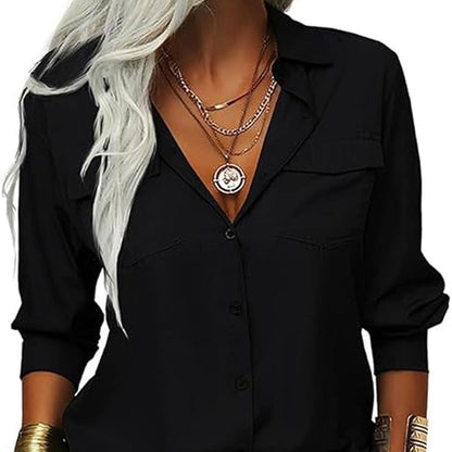 📢📢50% OFF !! ⏰Women's Solid Lapel Long Sleeves Button-Down Shirt