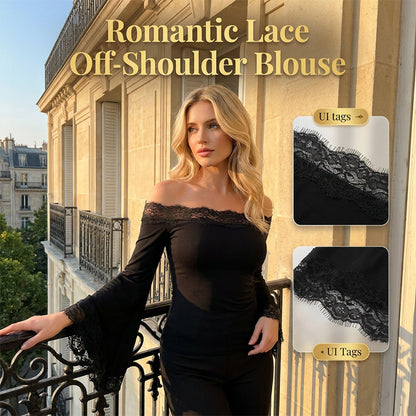 📢📢40% OFF !! ⏰Women’s Chic Black Slim Fit Off-Shoulder Flare Sleeve T-Shirt