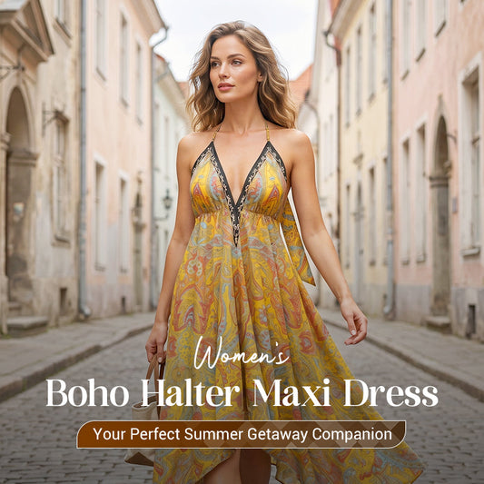 📢📢40% OFF !! ⏰Women's Boho Deep V Halter Maxi Dress