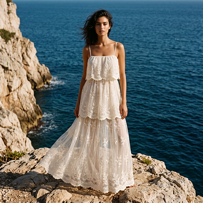 📢📢40% OFF !! ⏰Women Elegant White Lace Spaghetti Strap Maxi Dress