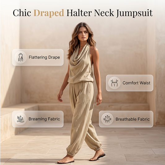 📢📢40% OFF !! ⏰ CHIC DRAPED HALTER NECK JUMPSUIT — Breathable Wide-Leg Silhouette & Elegant Day-to-Night Style ✨