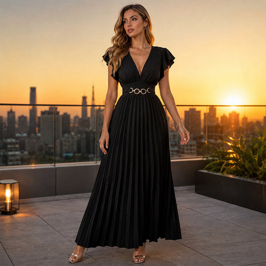 📢📢40% OFF !! ⏰Women Elegant V Neck Pleated Long Dress