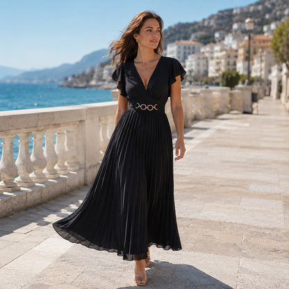 📢📢40% OFF !! ⏰Women Elegant V Neck Pleated Long Dress