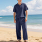 📢📢40% OFF !! ⏰Men's Casual Linen Blend Shirt and Pants Set Loose Fit Beach Wear