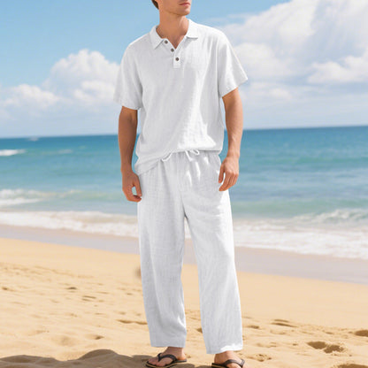 📢📢40% OFF !! ⏰Men's Casual Linen Blend Shirt and Pants Set Loose Fit Beach Wear