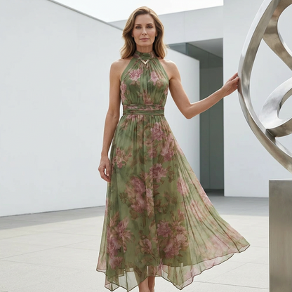 📢📢40% OFF !! ⏰Elegant Floral Print Halter Neck Maxi Dress