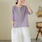 📢📢50% OFF !! ⏰Women's Thin Embroidery Breathable Cotton Linen Short Sleeve Crew Neck Shirt