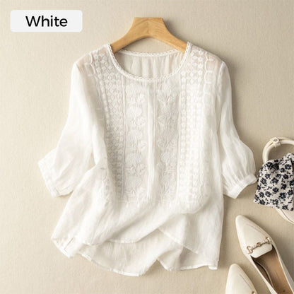 📢📢50% OFF !! ⏰Women's Thin Embroidery Breathable Cotton Linen Short Sleeve Crew Neck Shirt