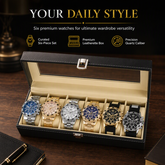 📢📢40% OFF !! ⏰6 Piece Men's Watch Set with Steel Band Fashion Watches in a Gift Box