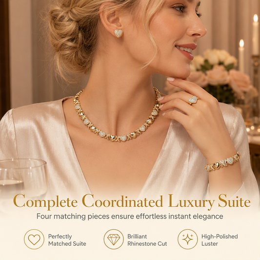 📢📢50% OFF !! ⏰Gold Plated Heart Shaped Rhinestone Jewelry 4-Piece Set with Necklace Earrings Bracelet and Ring