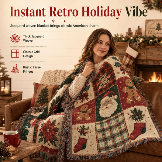 📢📢50% OFF !! ⏰Vintage Christmas Plaid Santa Claus Throw Blanket with Tassels American Country Wall Hanging Tapestry and Sofa Cover for Holiday Home Decoration 130x160cm