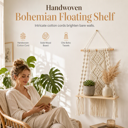 📢📢50% OFF !! ⏰Bohemian Handwoven Floating Shelf: Macrame Wall Hanging, Wooden Platform, for Plants & Decor