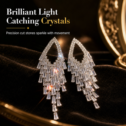 📢📢50% OFF !! ⏰Rhombus Cubic Zirconia Tassel Drop Earrings with Silver Needles Elegant Statement Studs for Women