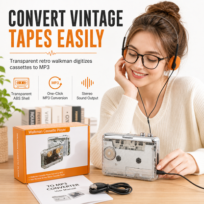 📢📢40% OFF !! ⏰Transparent Cassette Player – Tape to MP3 Converter, Type-C & Hi-Fi Stereo – Nostalgia Meets Modern Tech 🎵