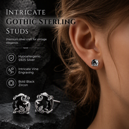 📢📢50% OFF !! ⏰1 Pair of Silver Tone Gothic Vine Pattern Round Stud Earrings with Black Cubic Zirconia
