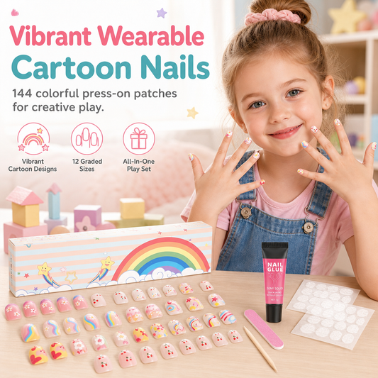 📢📢50% OFF !! ⏰Kids Handmade Press On Nails Set 144 Pieces Almond Shape Cartoon False Nail Tips
